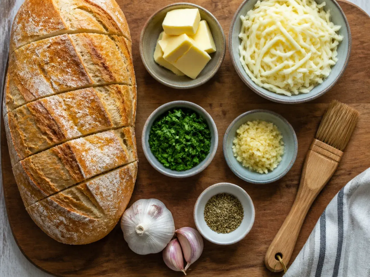 Hands grating a block of mozzarella cheese over garlic bread