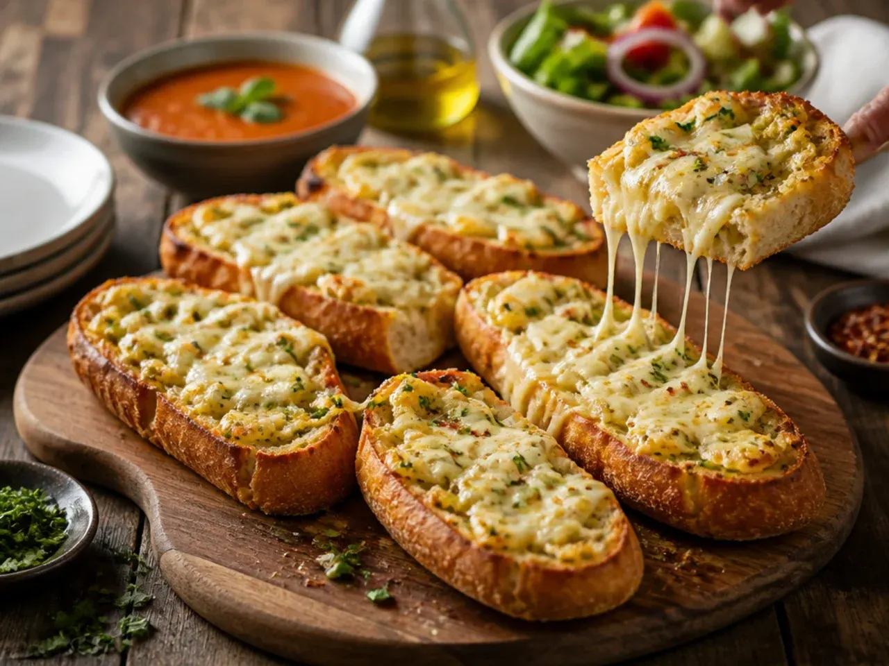 Garlic cheese bread served alongside a bowl of tomato pasta