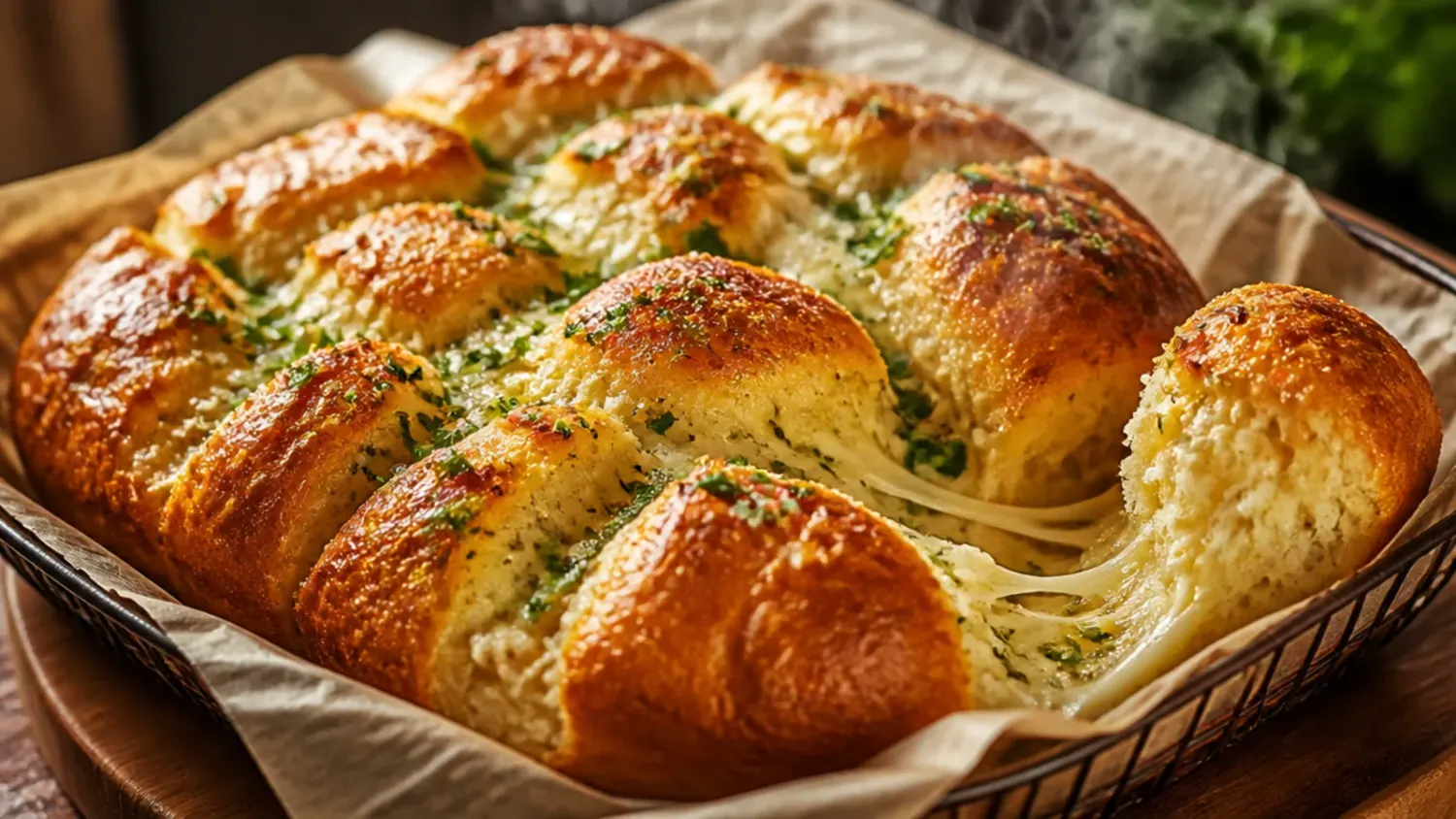 Golden garlic pull apart bread in a loaf tin with buttery, cheesy pieces separated and steam rising