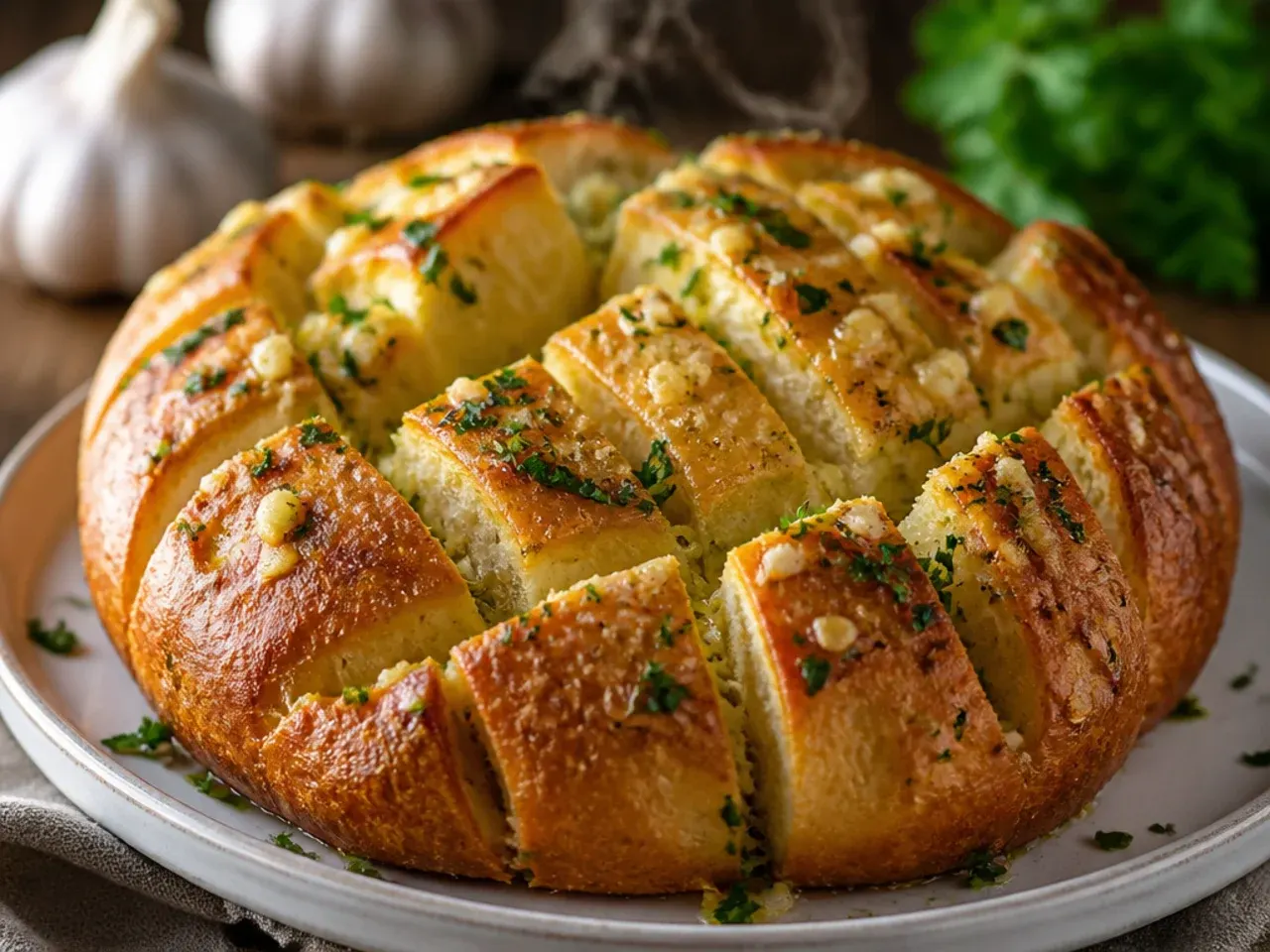 Overhead shot of garlic pull apart bread fresh from the oven with parsley scattered over the top