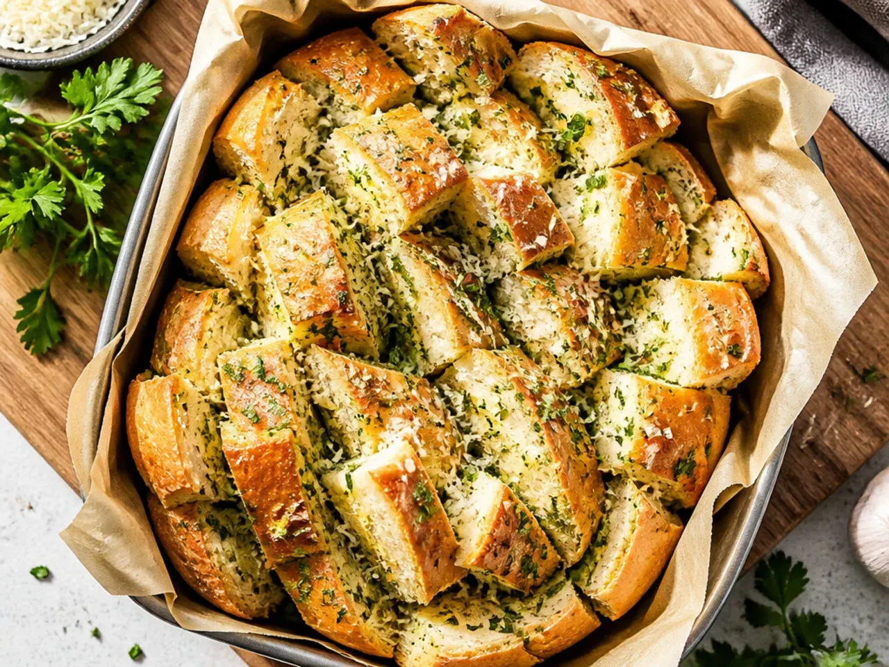 Classic garlic pull apart loaf in a metal tin with visible layers of buttery dough
