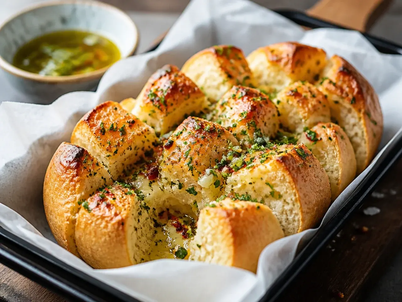 Quick garlic pull apart bread made from shop-bought dough pieces in a baking dish