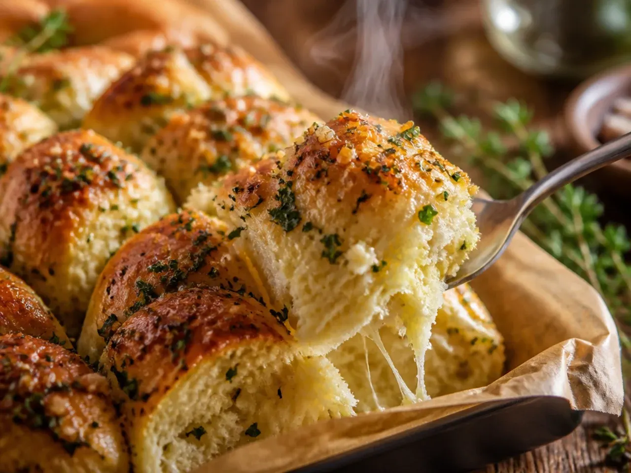 Twisted garlic and parsley bread knots arranged in a round baking tin