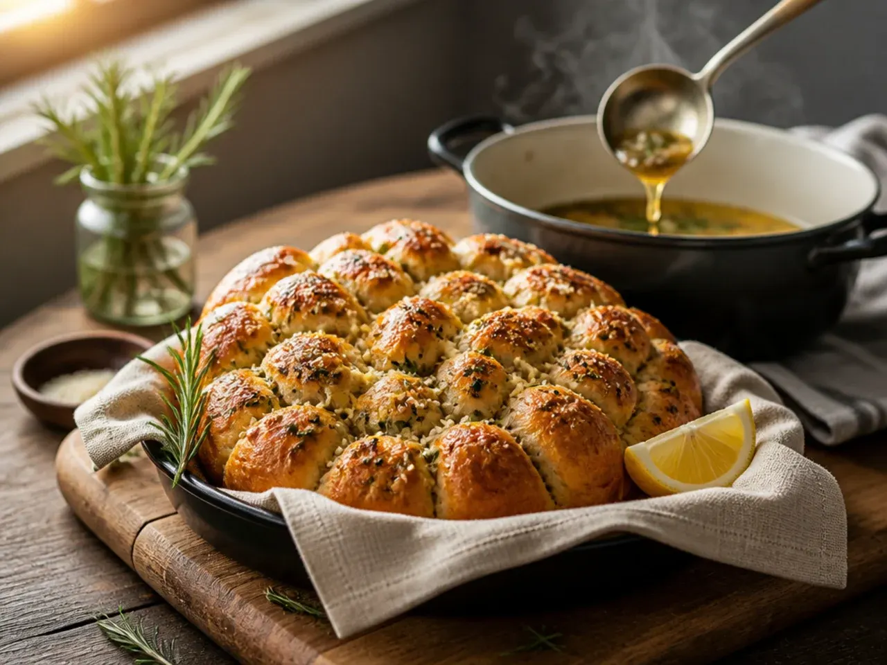 Rosemary and brown butter garlic pull apart bread on a wooden board beside a bowl of stew