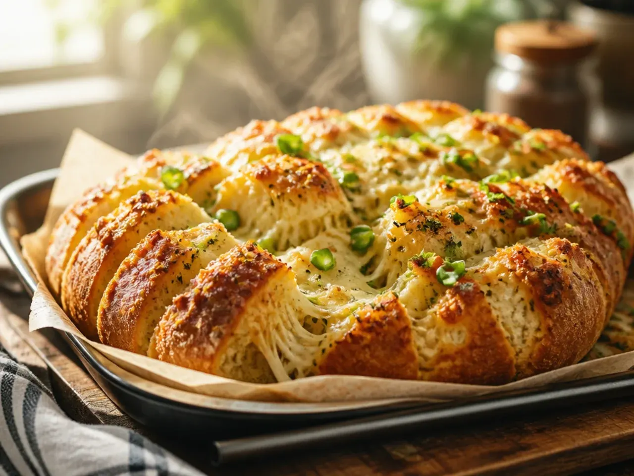 Creamy Parmesan garlic pull apart bread with a golden cheesy crust