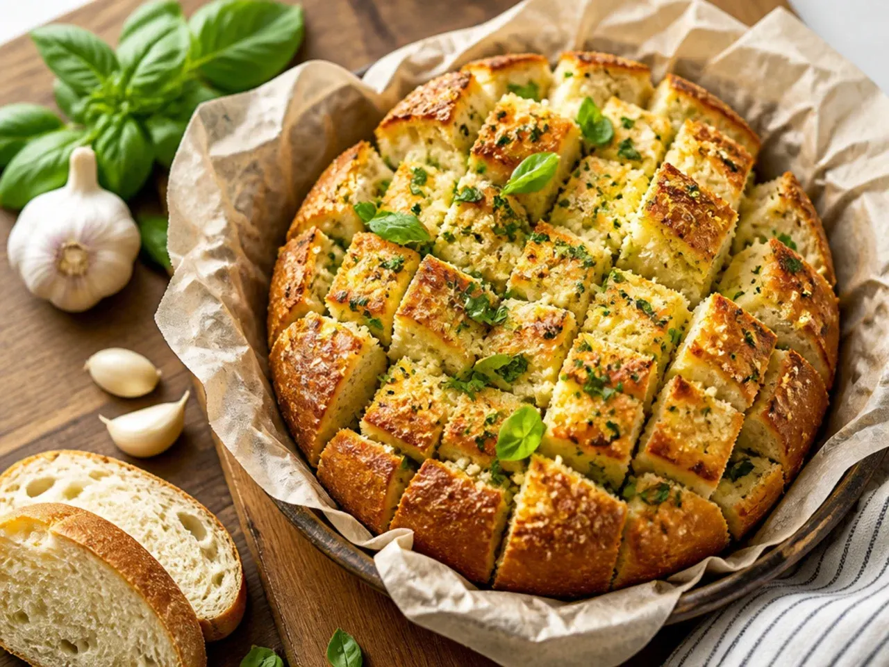 Simple garlic pull apart bread baked in a cast iron skillet