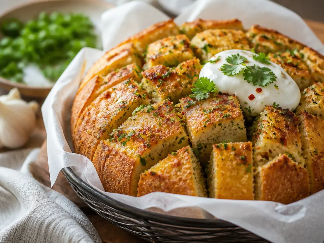 Zesty lemon and chilli garlic pull apart bread with visible flecks of lemon zest