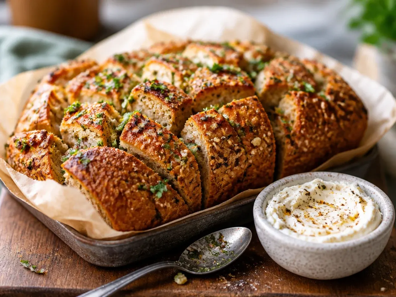Wholemeal garlic pull apart bread topped with toasted sesame seeds