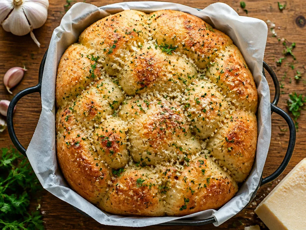 Budget garlic pull apart bread made from bread-machine dough cooling on a rack