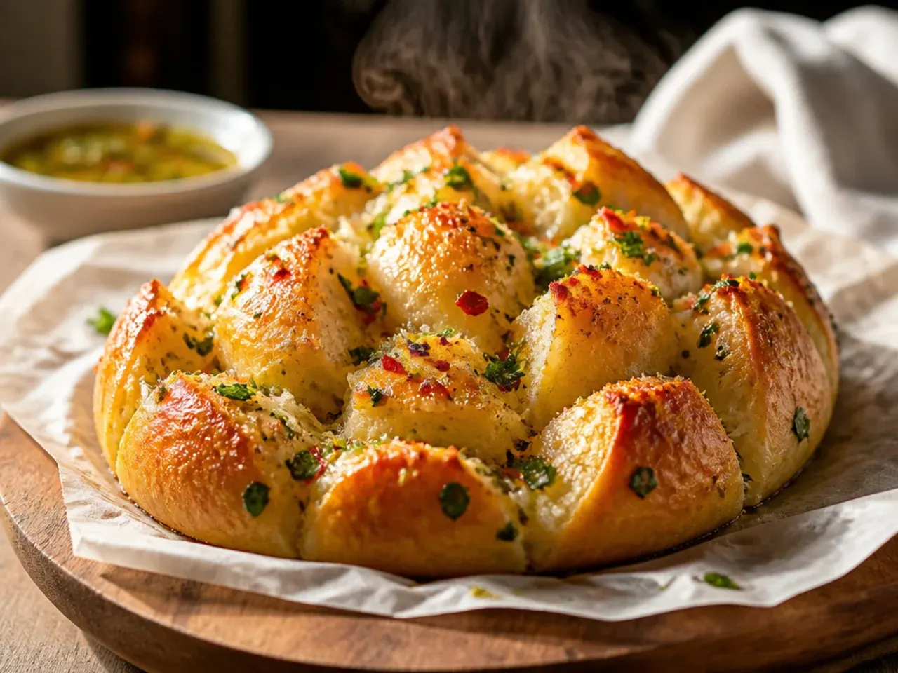 No-knead garlic pull apart dough resting in a glass bowl overnight