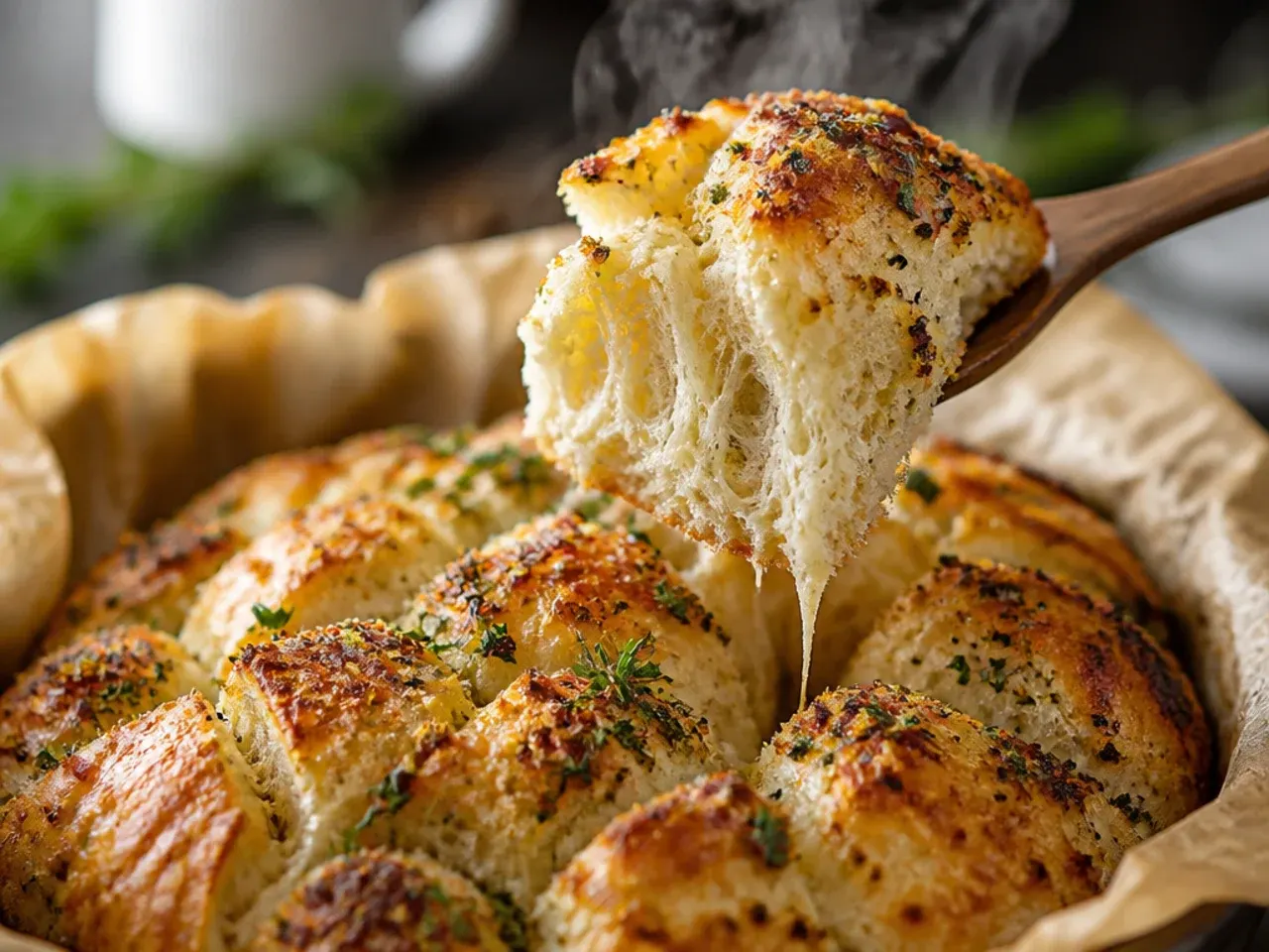 Rustic sourdough discard garlic pull apart loaf with a craggy, golden crust