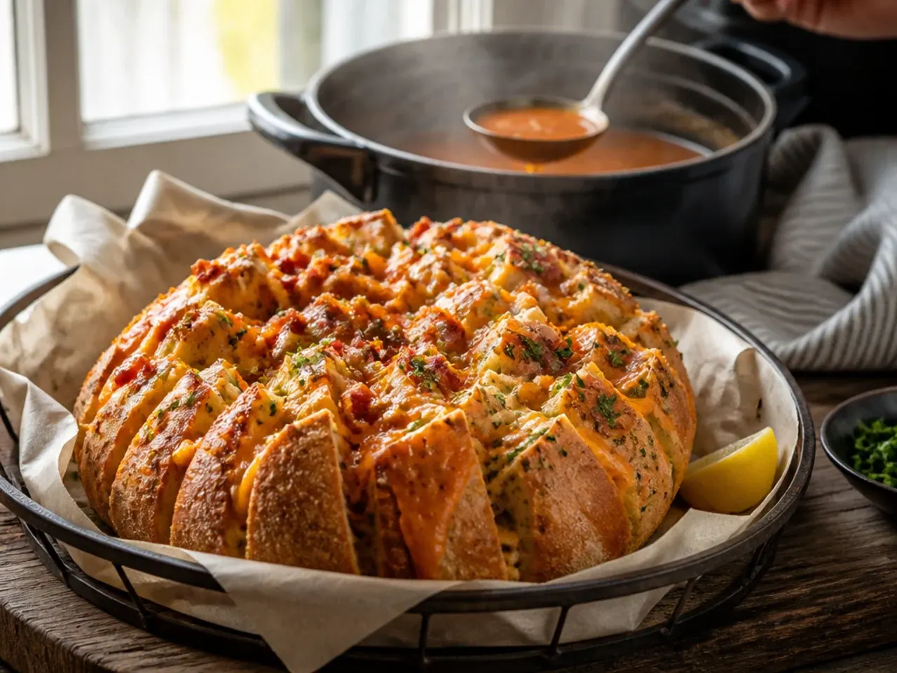 Loaded bacon and cheddar garlic pull apart bread with melted cheese pulling apart