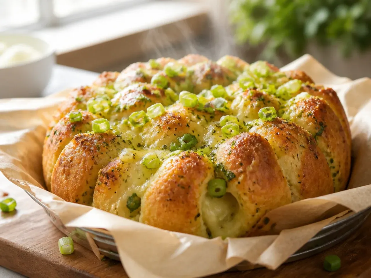 Family-size garlic pull apart bread baked in a Bundt tin and turned out onto a board
