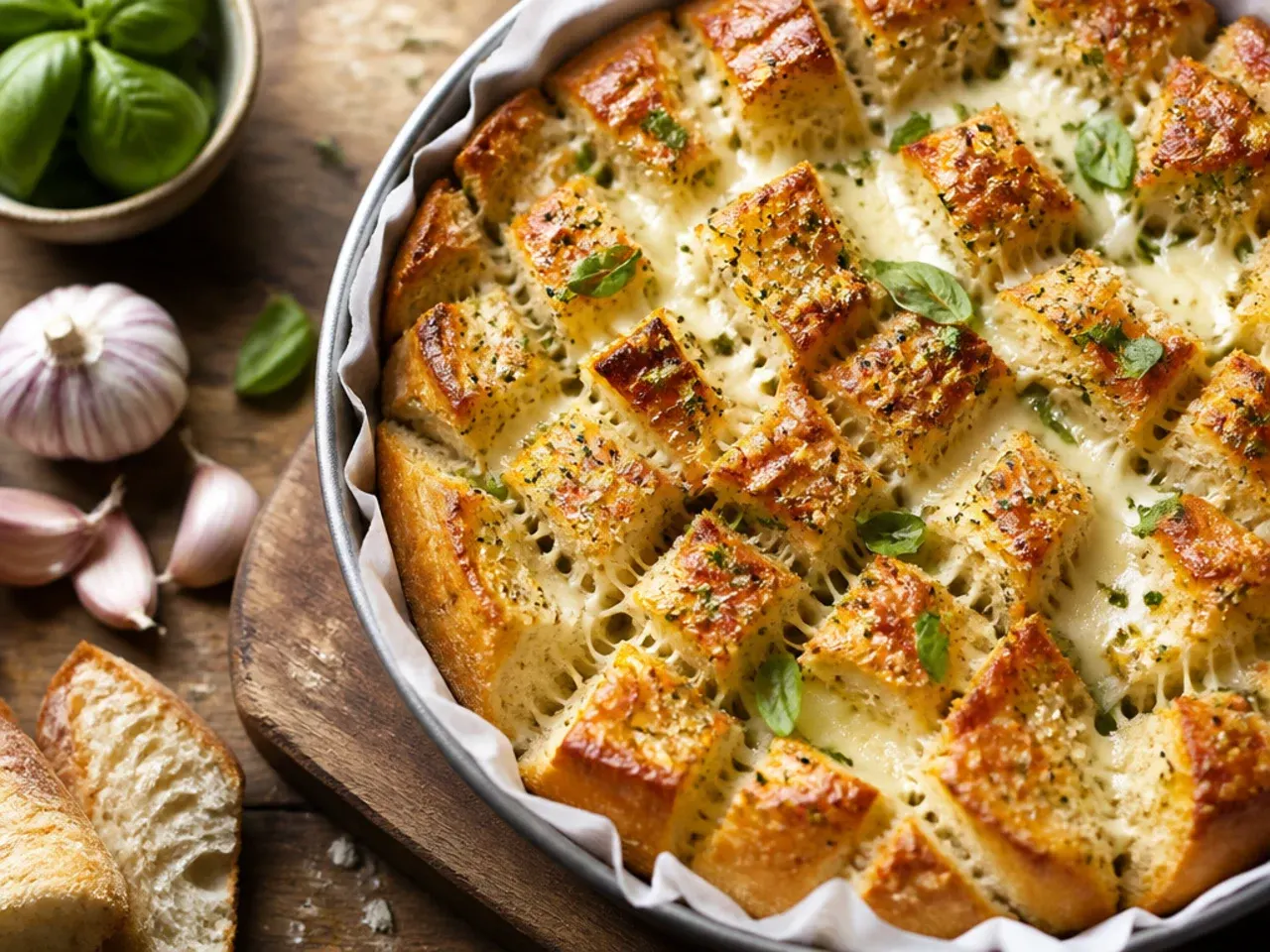 Best-ever triple garlic and mozzarella pull apart bread with melted cheese stretching between pieces