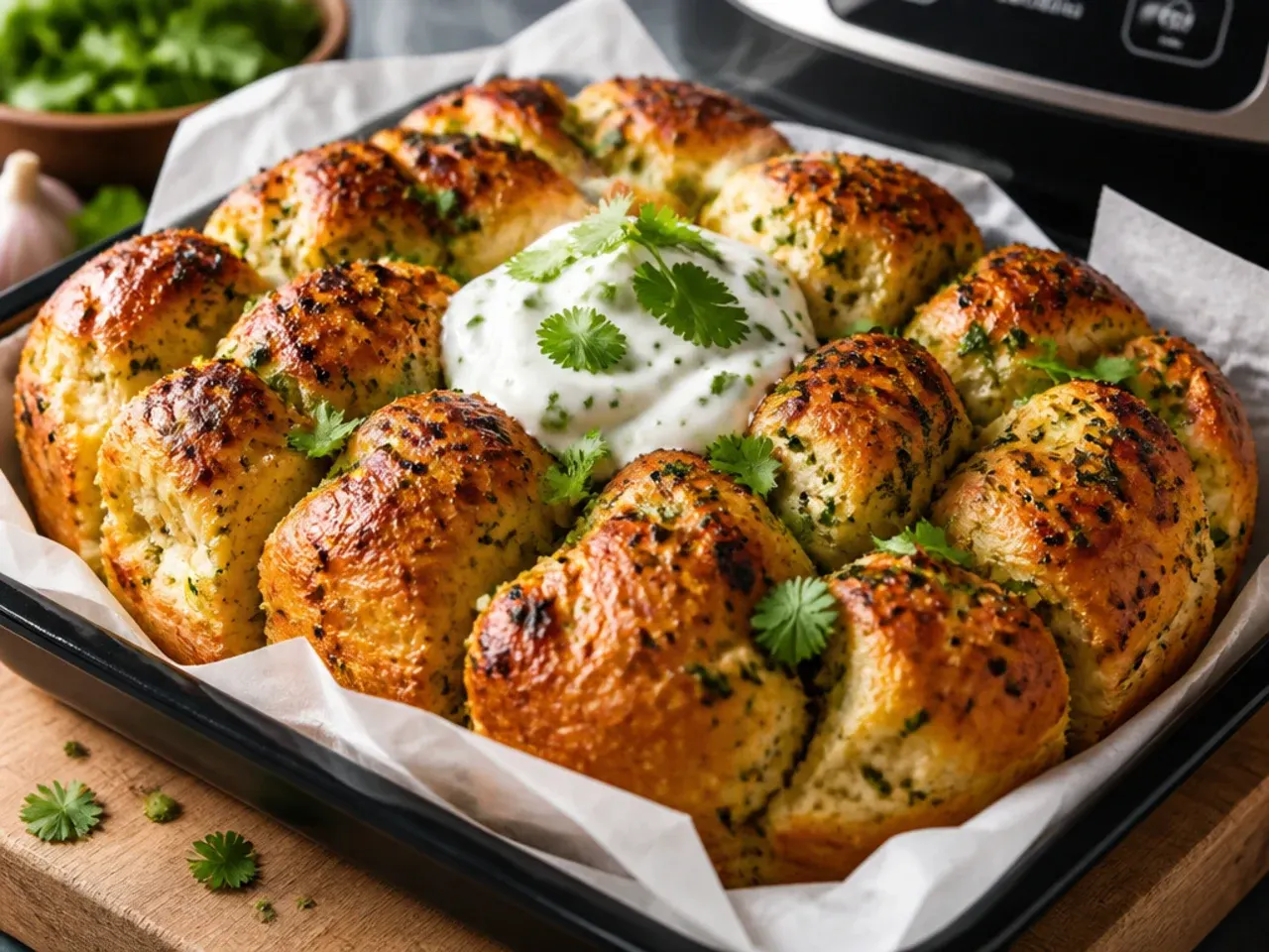 Small garlic pull apart rolls cooking in an air fryer basket