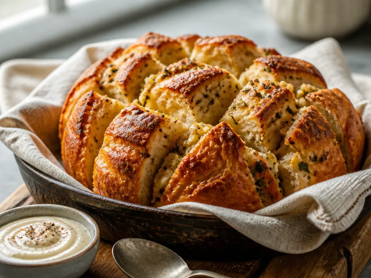 Roasted garlic pull apart bread with visible soft, caramelised garlic cloves in the butter
