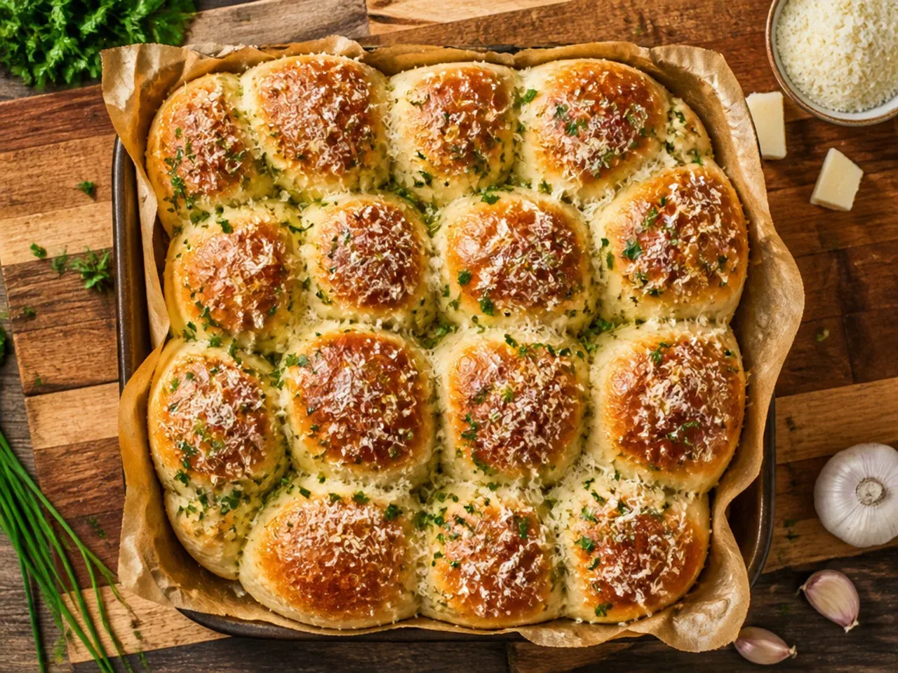 Herby garlic and chive dinner rolls arranged in a round baking tin