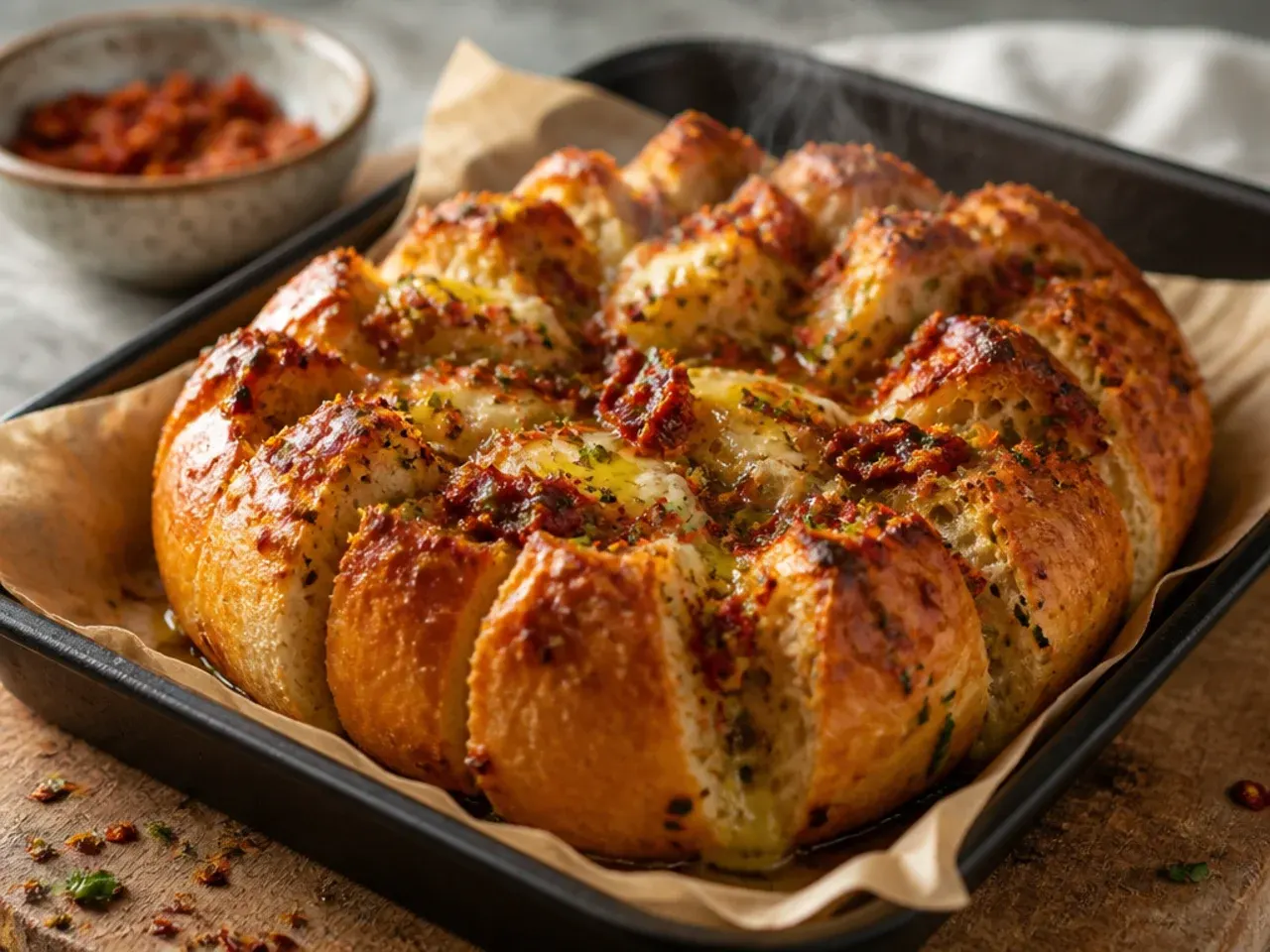 Spicy nduja garlic pull apart bread with a deep orange-red buttery glaze