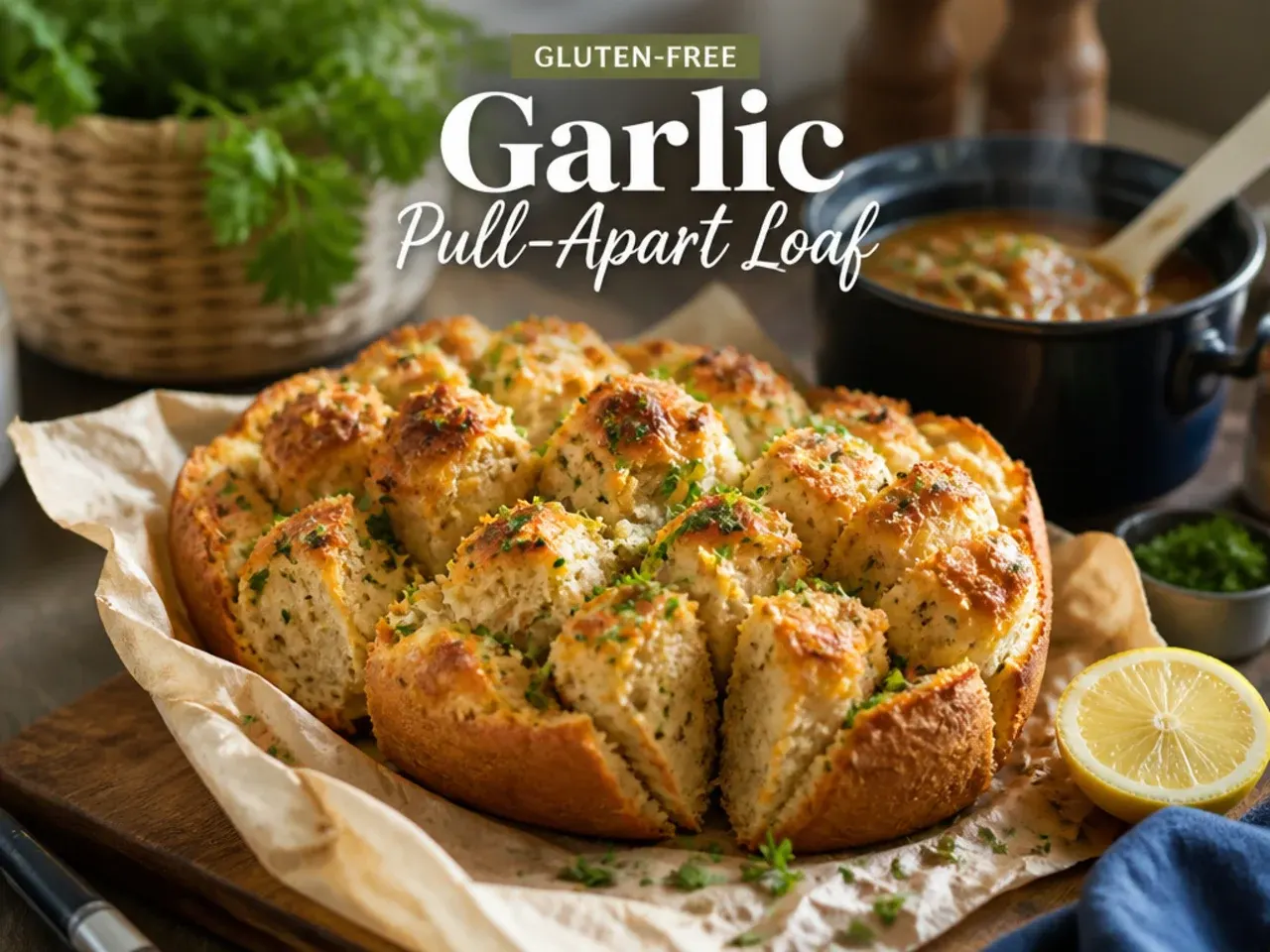 Gluten-free garlic pull apart loaf sliced open showing a soft, even crumb