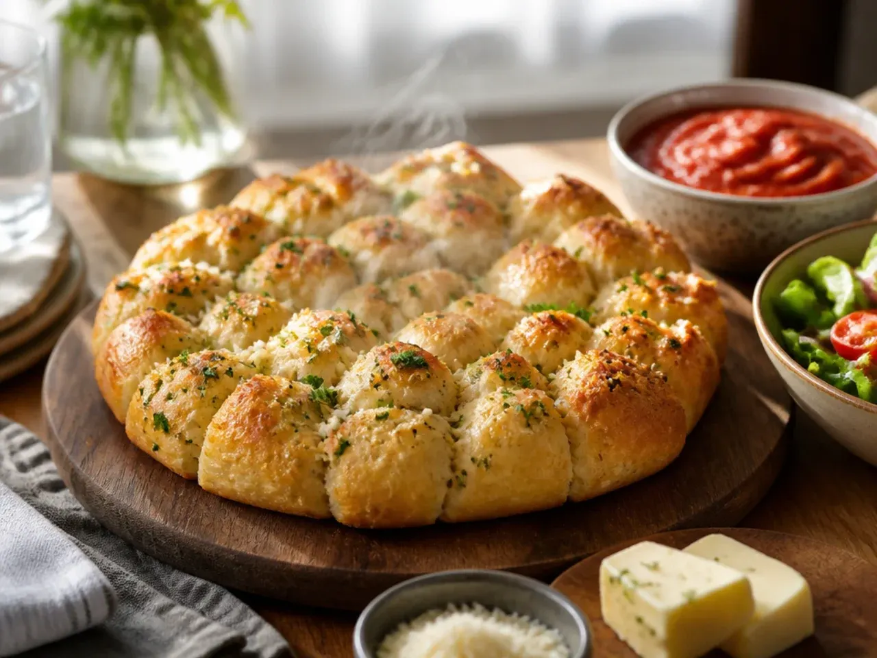 Garlic pull apart bread served on a grazing board with olives and cured meats