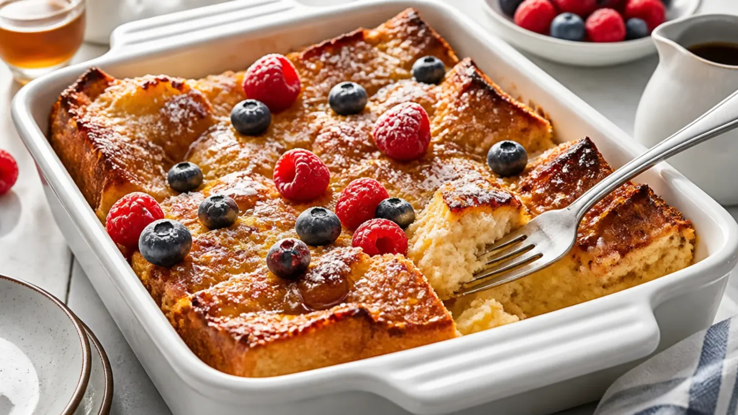A golden baked gluten free french toast casserole in a white dish, topped with pecan streusel and a drizzle of maple syrup