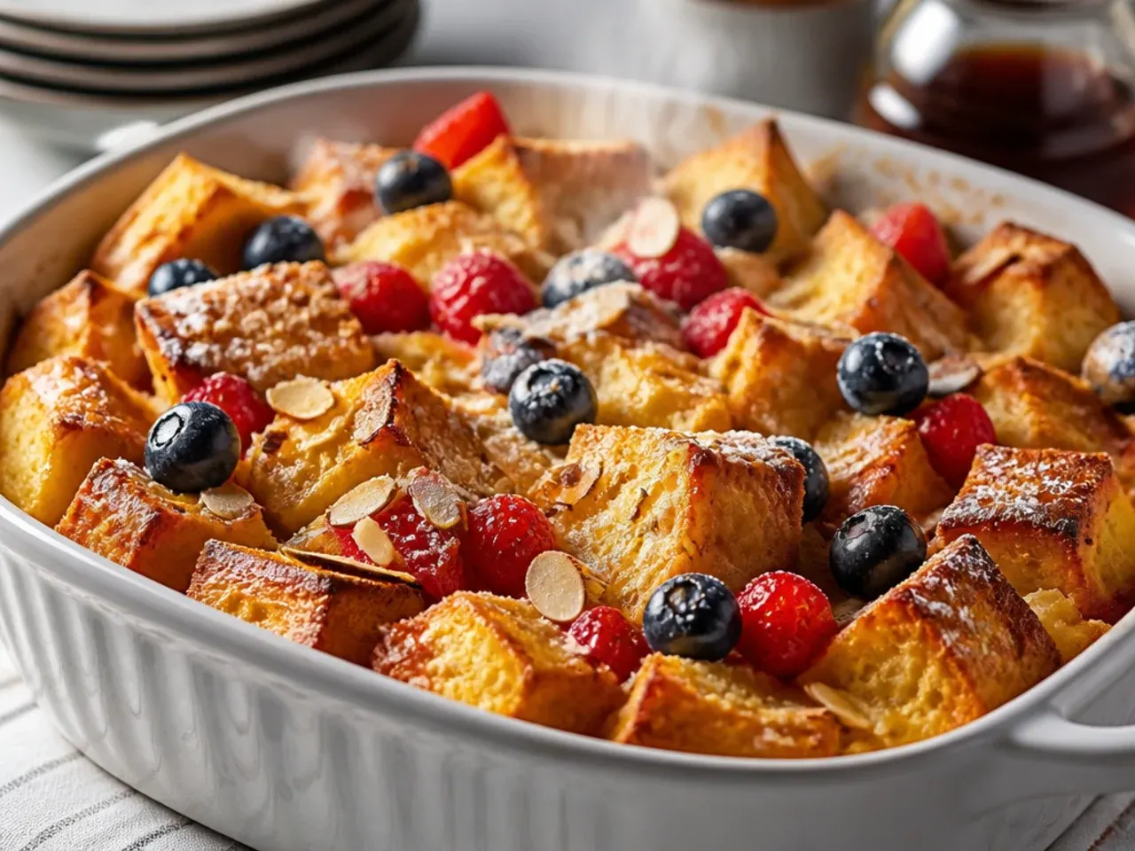 A baking dish of cubed gluten free bread being poured with custard, ready to bake