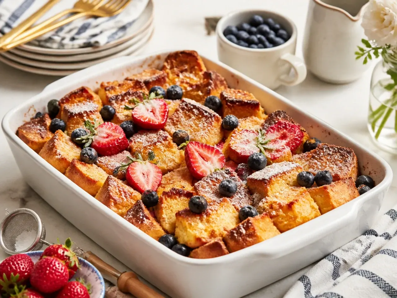 Toasted gluten free bread cubes being stirred into custard in a baking dish