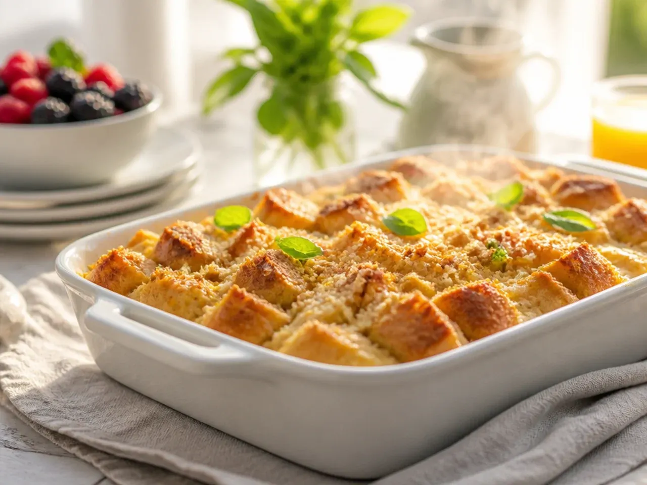 A rich, silky custard being poured over bread cubes in a baking dish