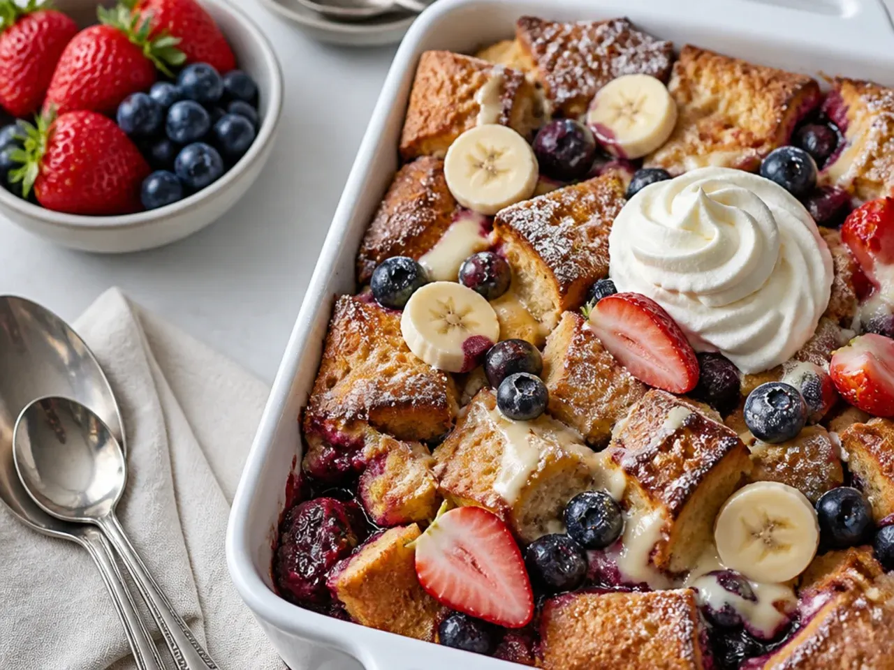 Sliced banana and mixed berries layered between gluten free bread cubes