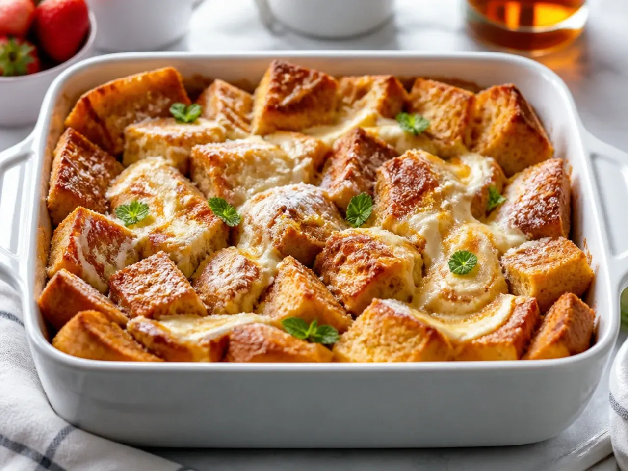 Ribbons of cream cheese swirled through unbaked gluten free french toast casserole