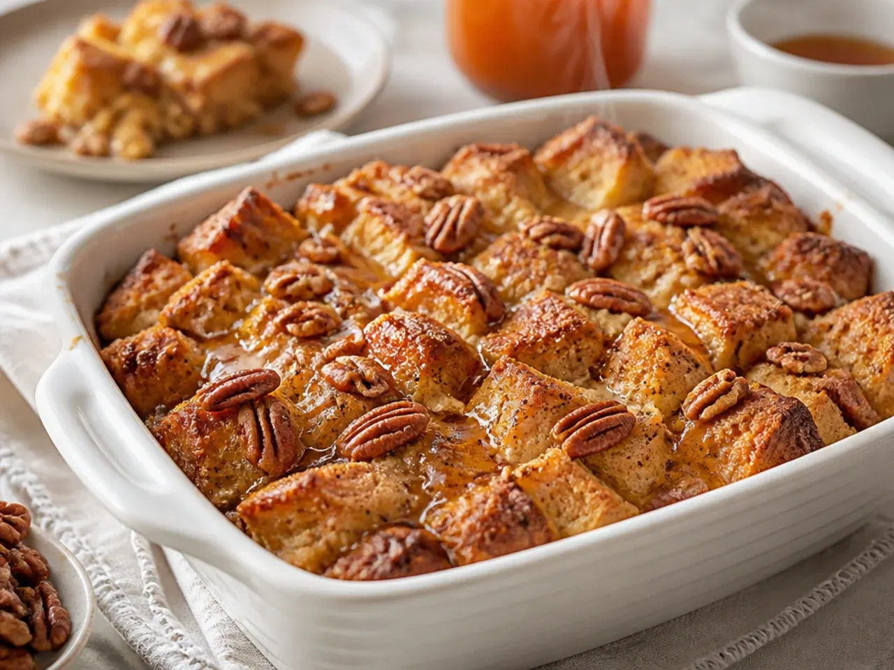 A finished gluten free french toast casserole topped with pecan streusel
