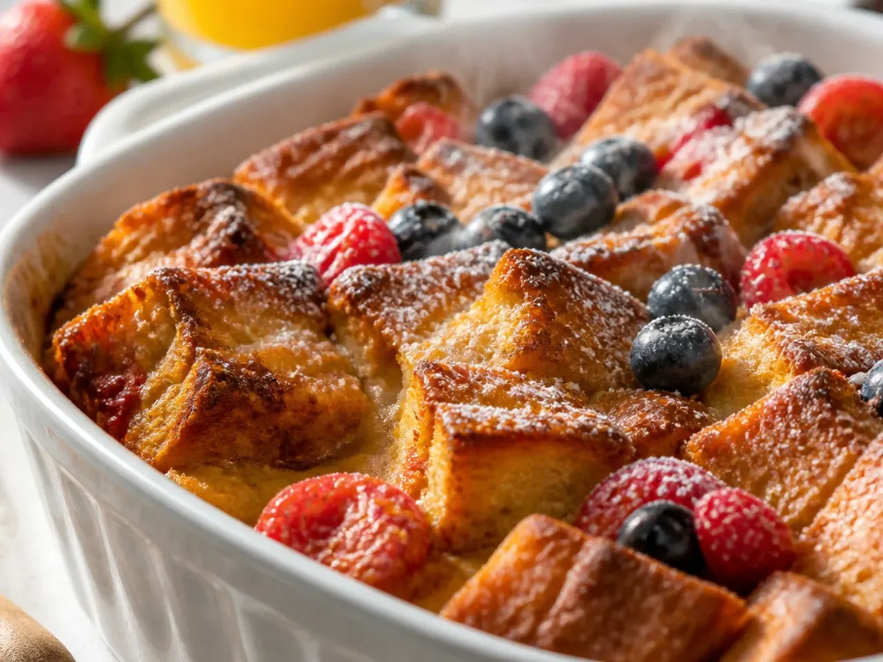 A covered dish of unbaked gluten free french toast casserole in the fridge