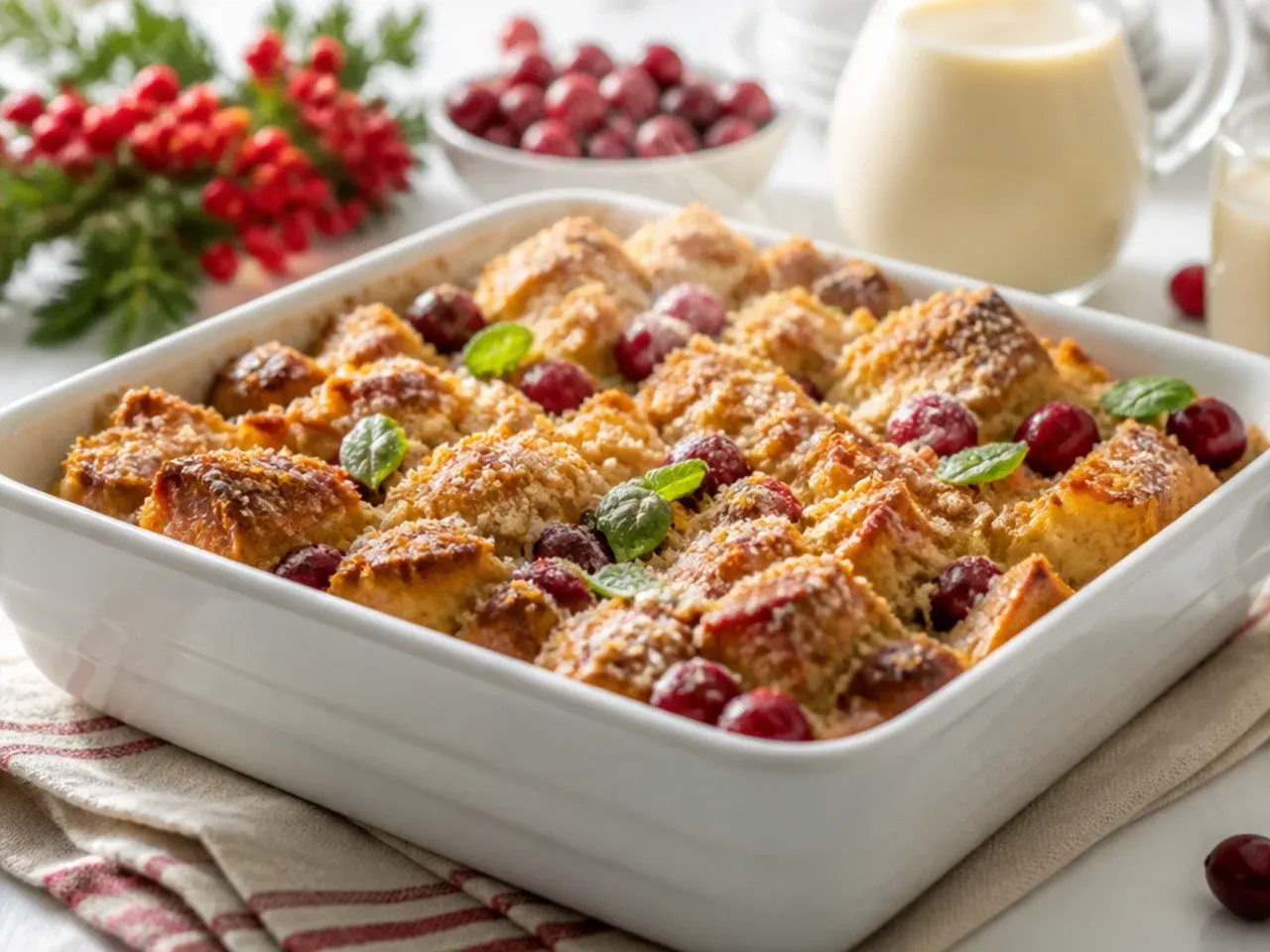 Dried cranberries mixed through gluten free bread cubes soaking in eggnog custard