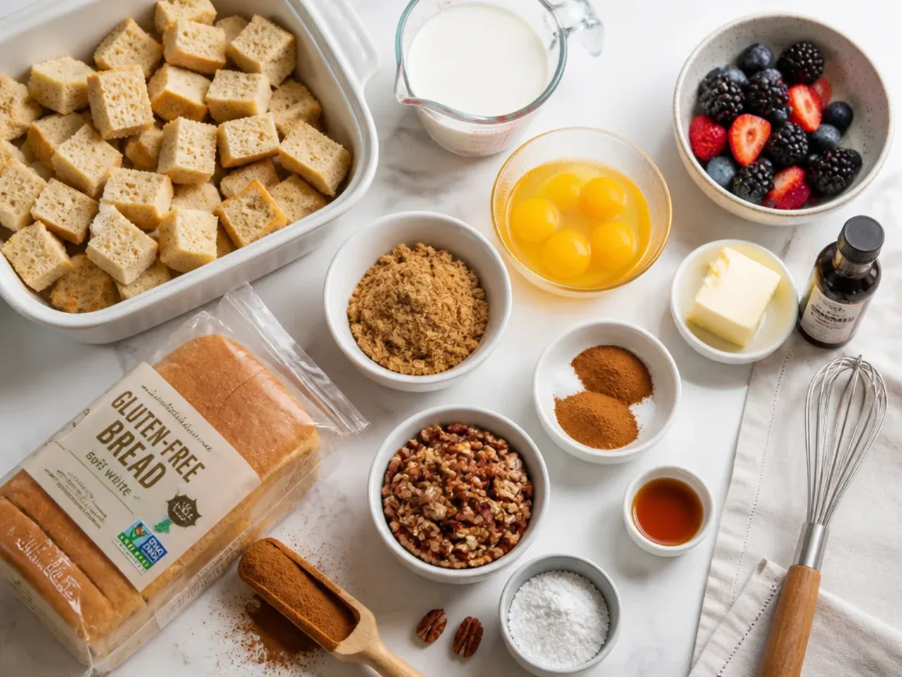 Toasted gluten free bread cubes being checked for dryness before soaking