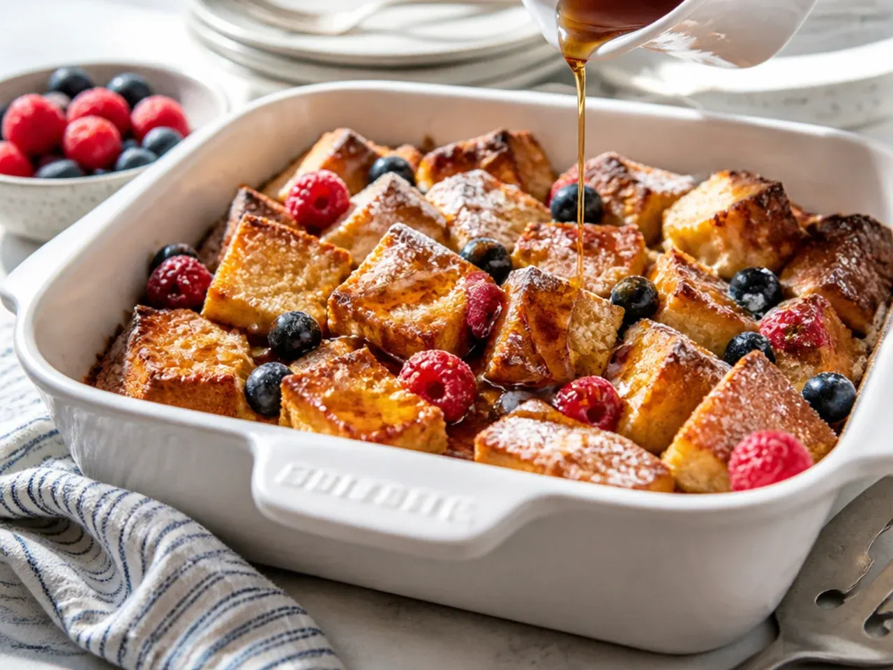 A slice of gluten free french toast casserole served with maple syrup and berries