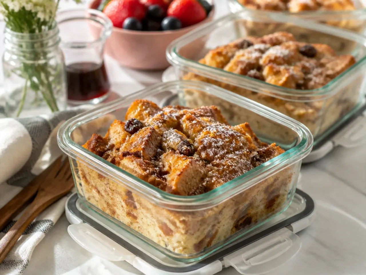 Leftover slices of gluten free french toast casserole stored in a container
