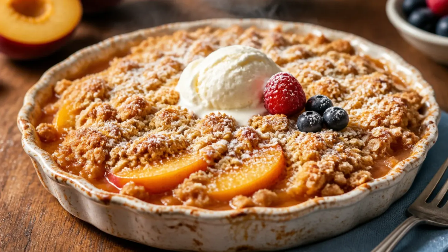 Overhead shot of a golden gluten free peach crisp in a baking dish with a scoop of vanilla ice cream melting on top