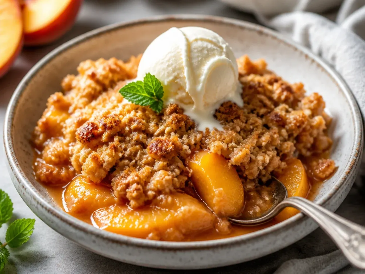 Golden gluten free peach crisp in a baking dish with a scoop removed, showing bubbling peach filling