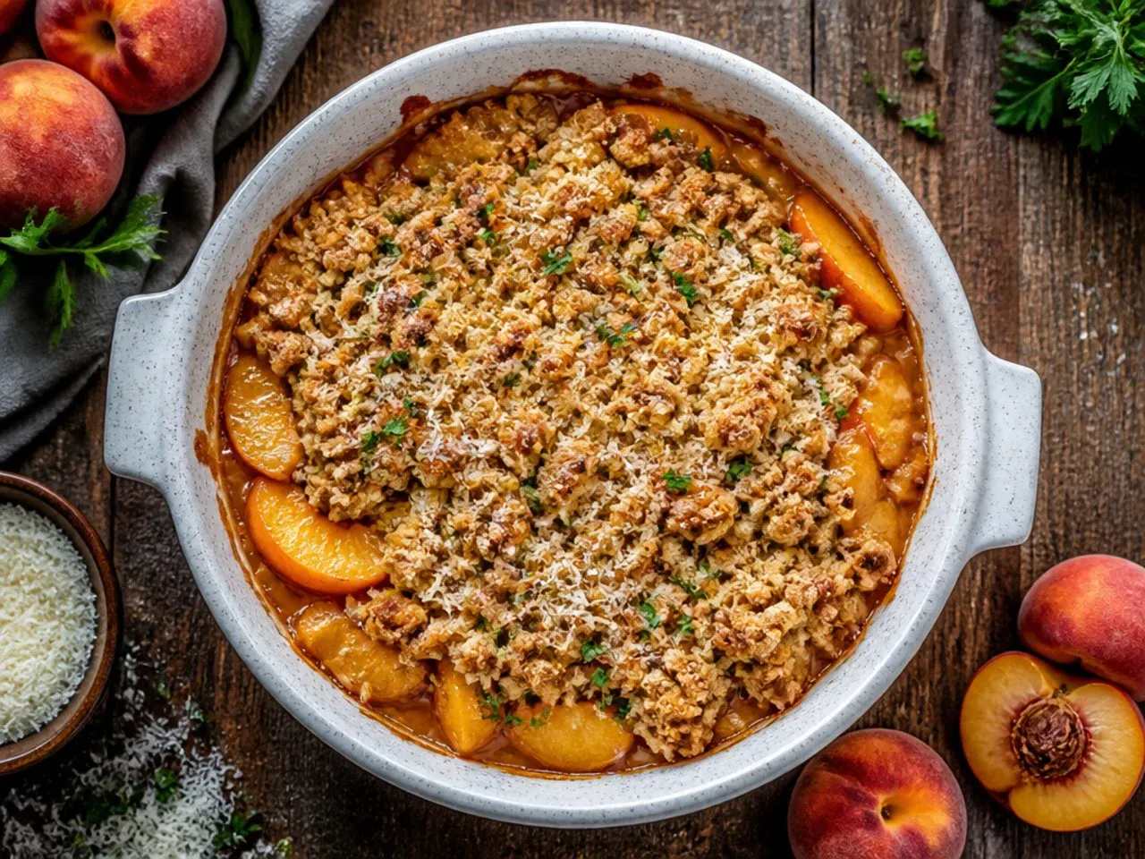 Classic gluten free peach crisp with golden oat topping fresh out of the oven