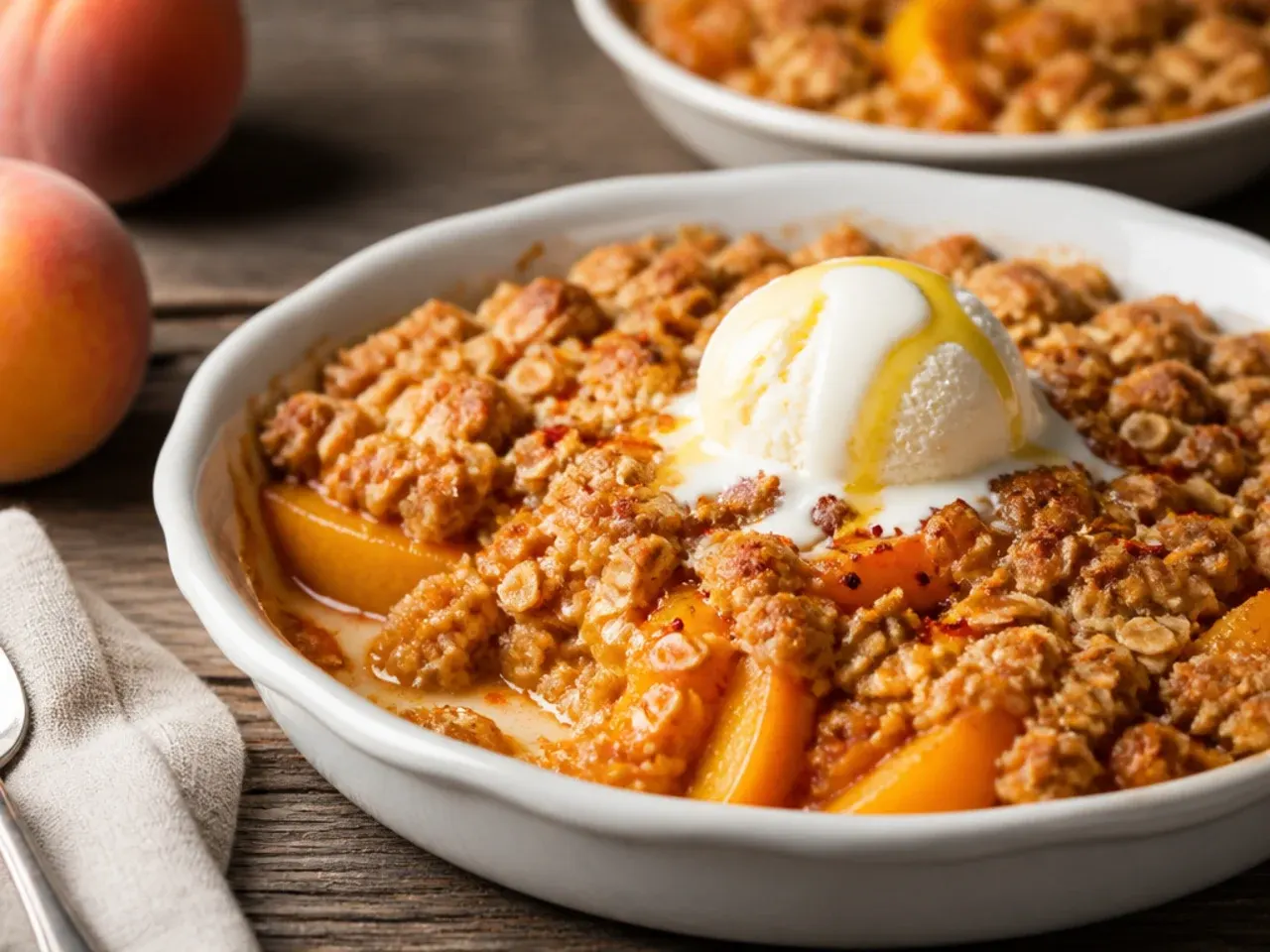 Easy gluten free peach crisp made with canned peaches in a casserole dish