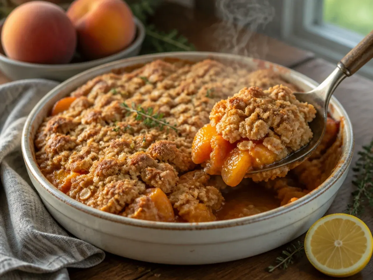 Cozy spiced gluten free peach crisp in a cast iron skillet with melting ice cream