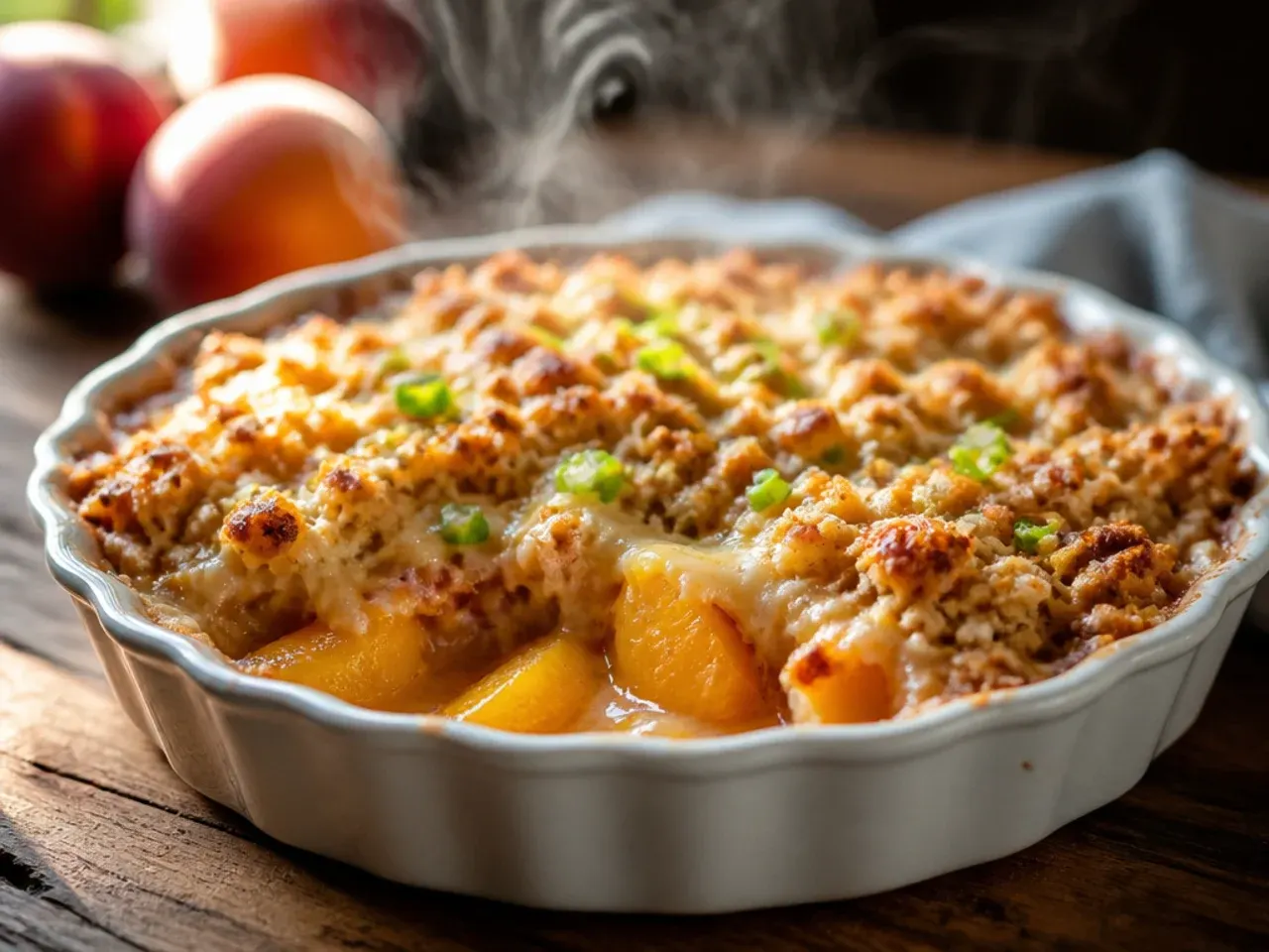 Creamy gluten free peach crisp with mascarpone swirled through the peach filling