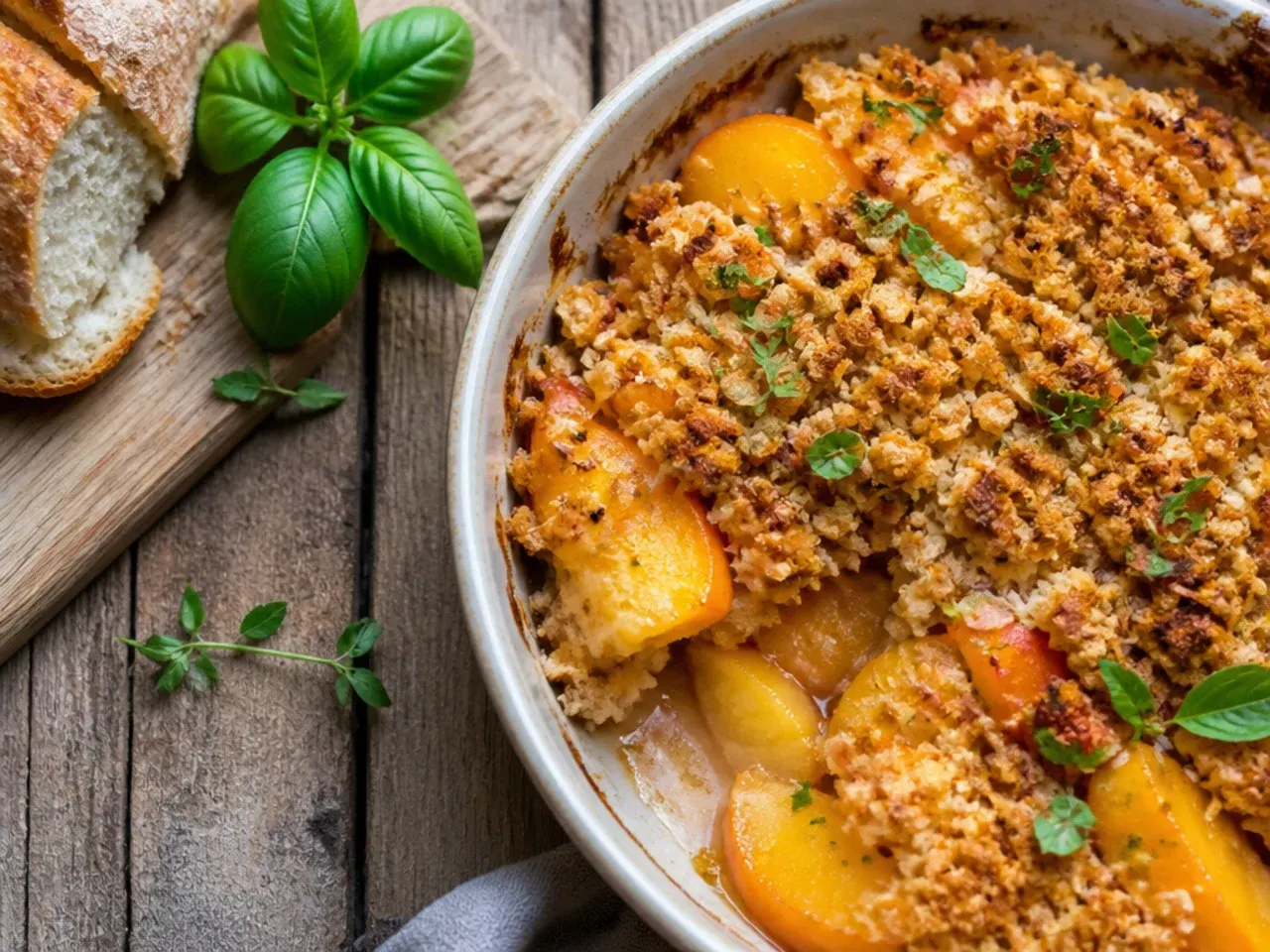 Simple five-ingredient gluten free peach crisp in a white baking dish