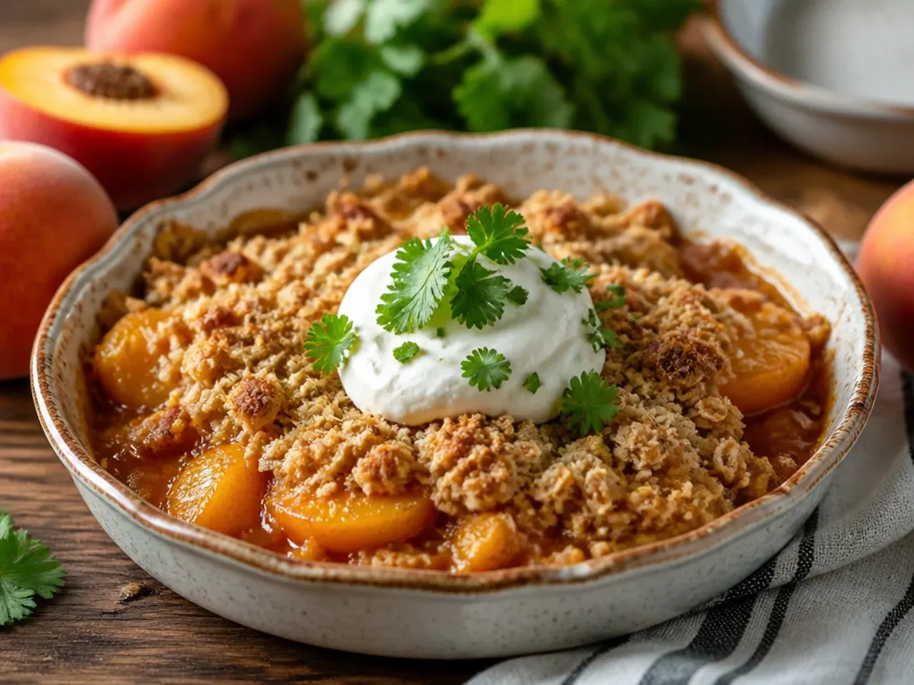 Zesty gluten free peach crisp topped with lemon and orange zest