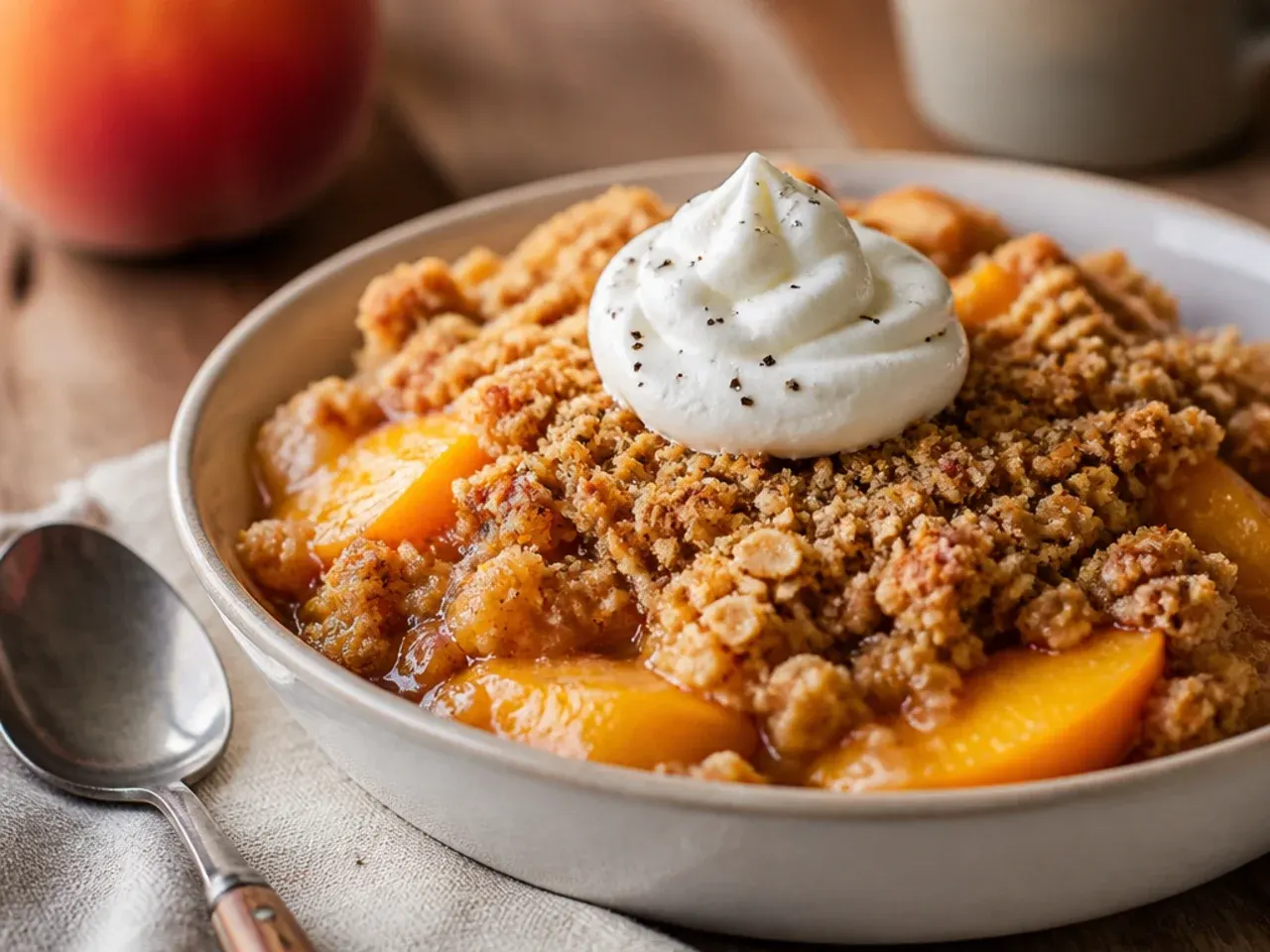 Wholesome gluten free peach crisp made with honey and walnuts