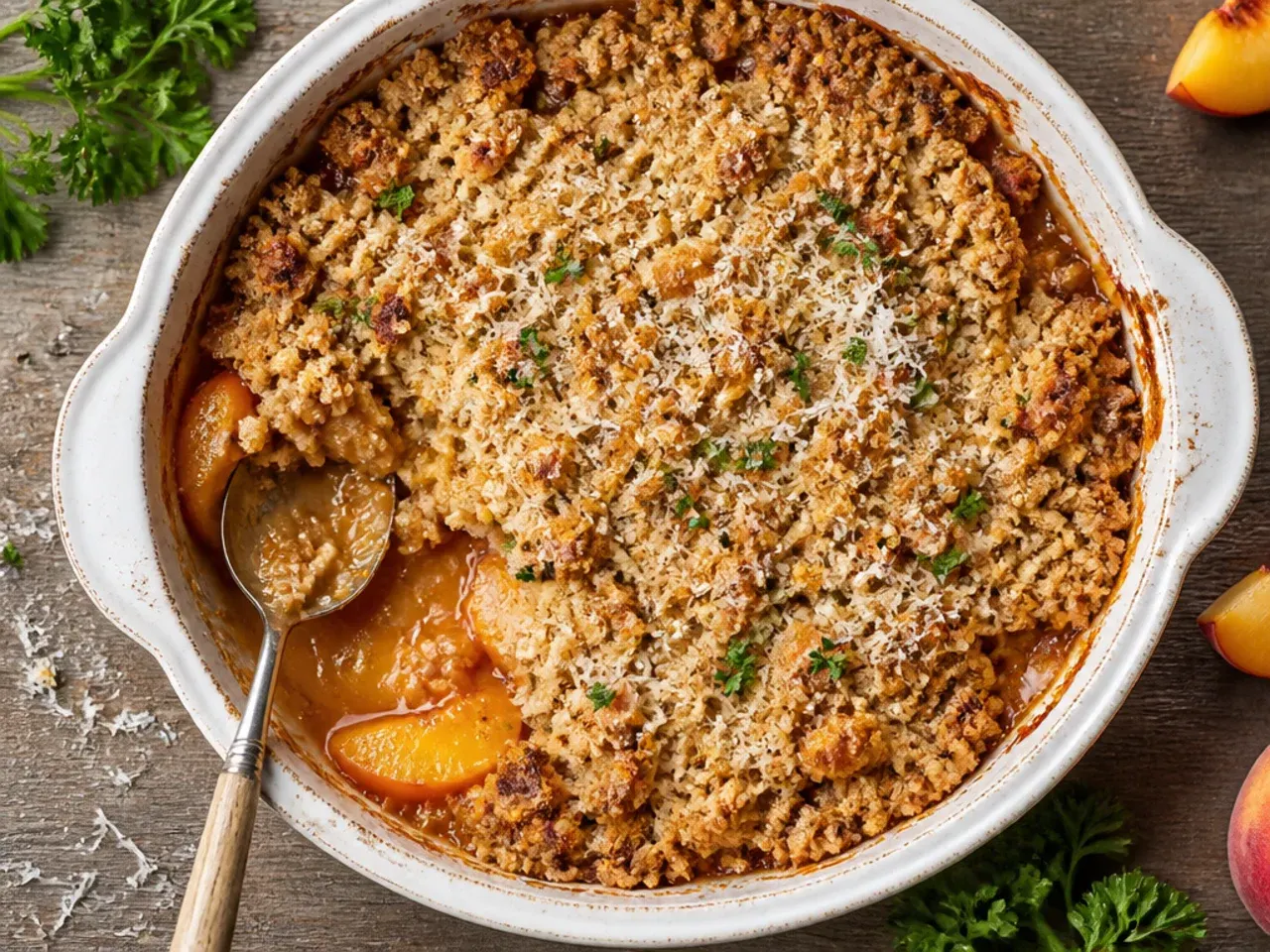 Budget-friendly gluten free peach crisp made with frozen peaches