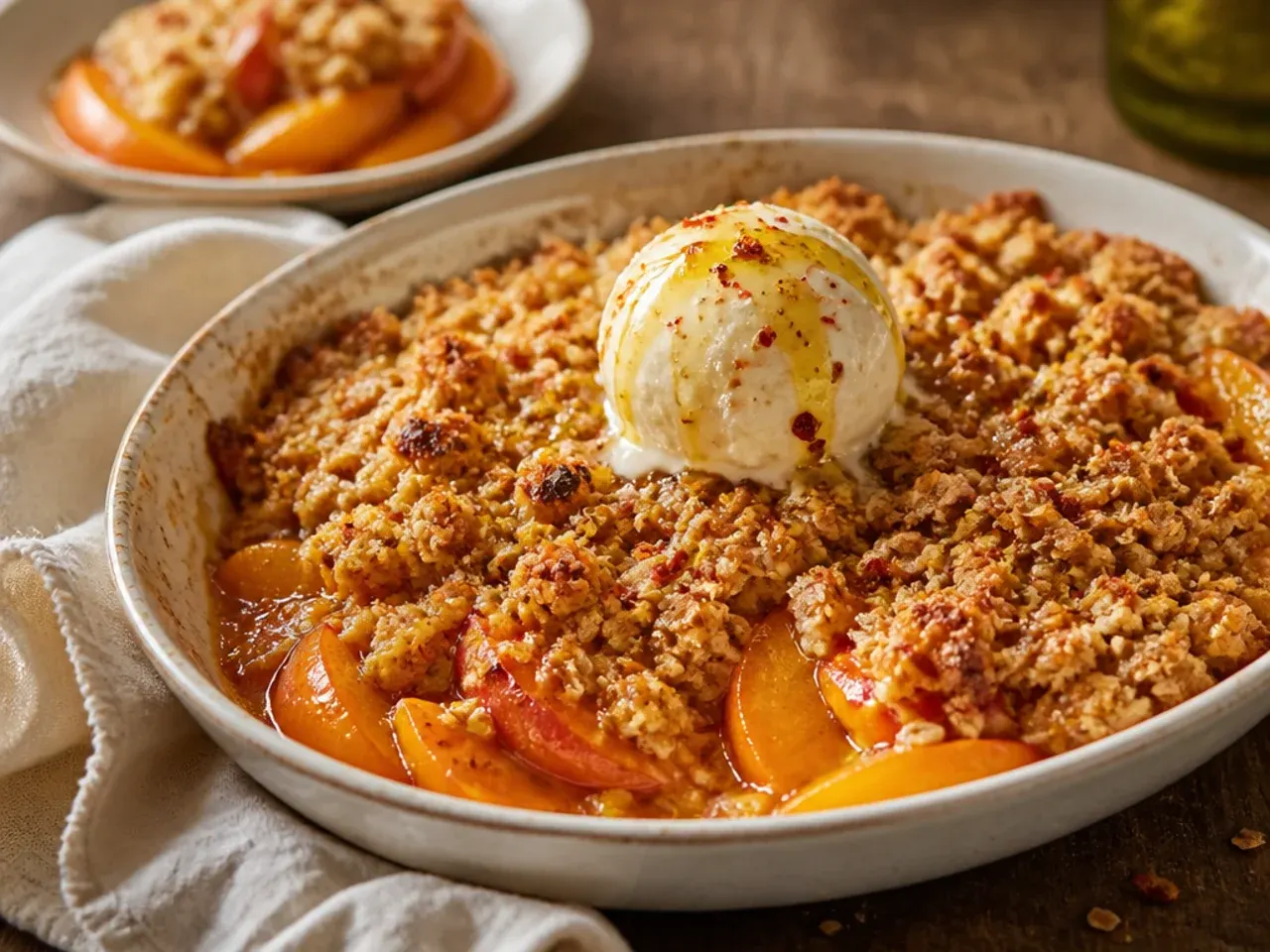 Individual weeknight gluten free peach crisps baked in small ramekins