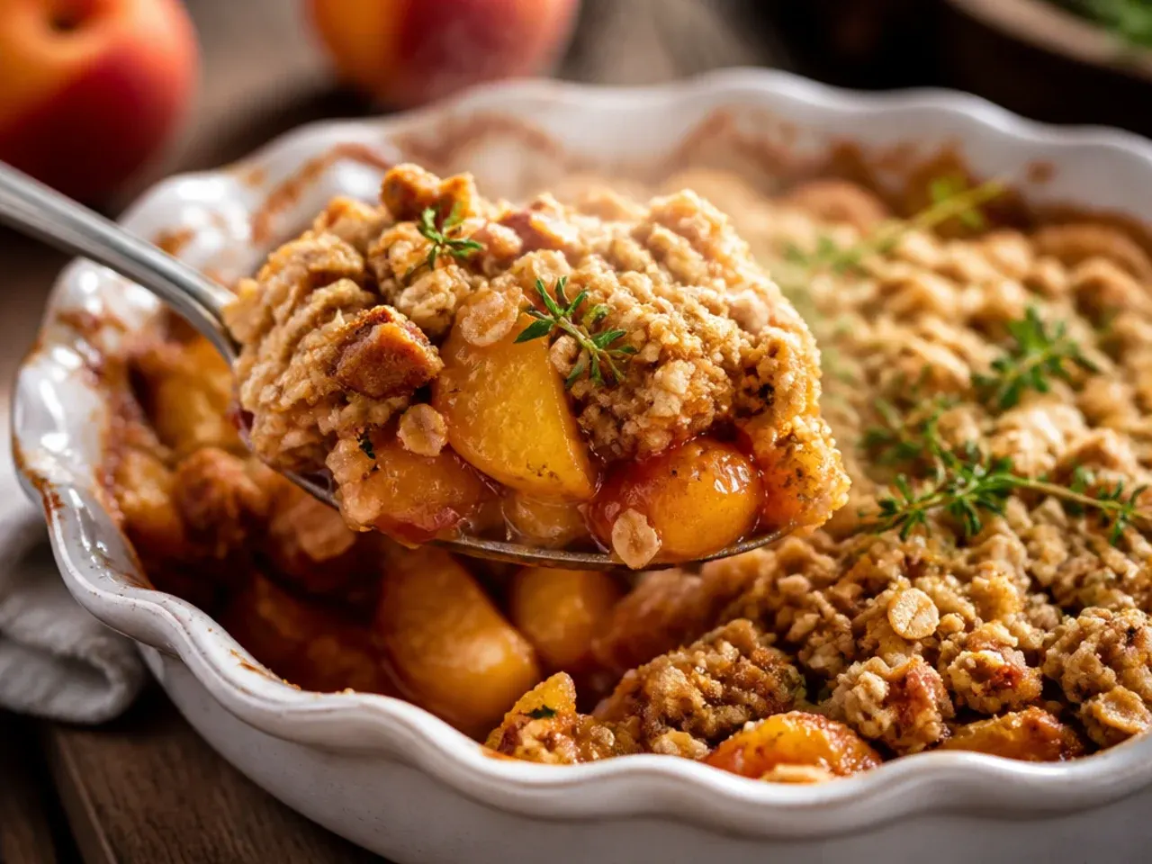 Rustic gluten free peach crisp with thick peach wedges in a cast iron skillet