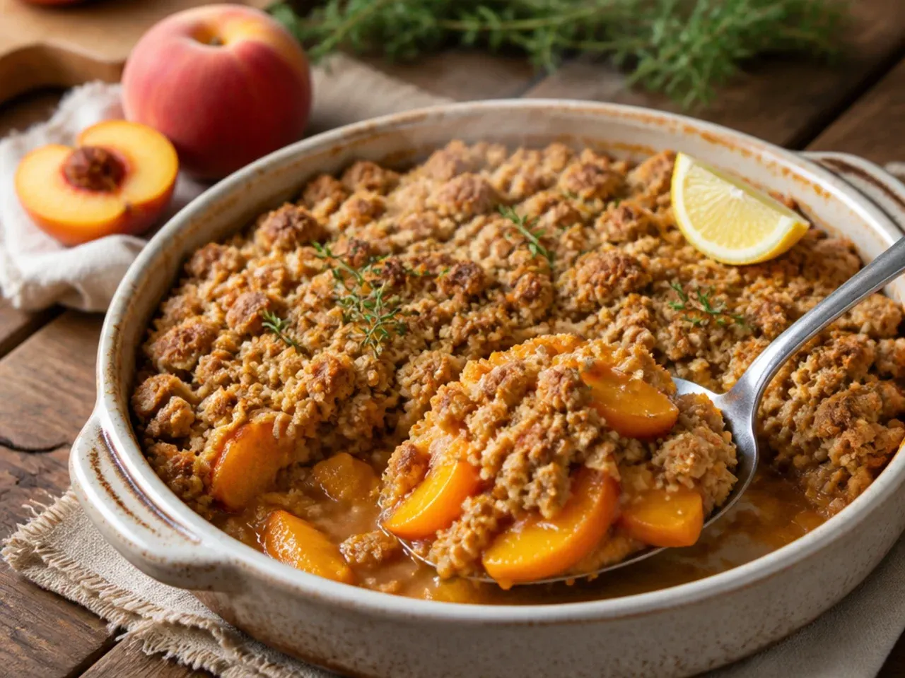 Loaded gluten free peach crisp topped with berries, coconut and pecans