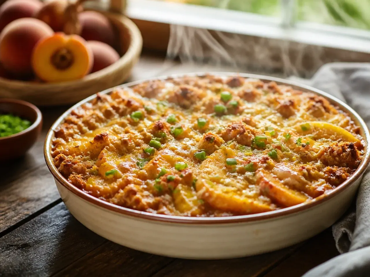 Large family-sized gluten free peach crisp in a 9x13 inch baking dish